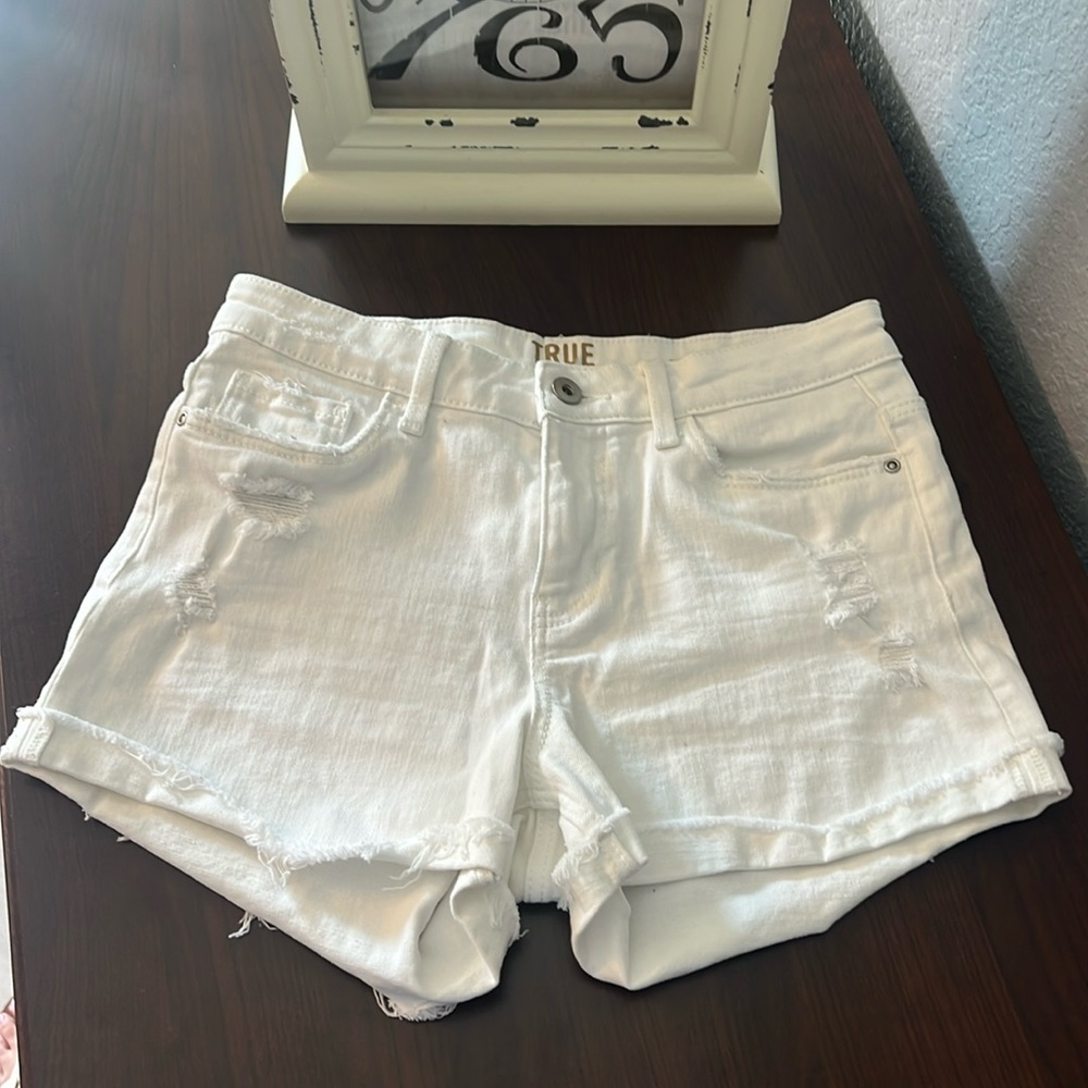 True Craft Off-White Distressed Jean Shorts